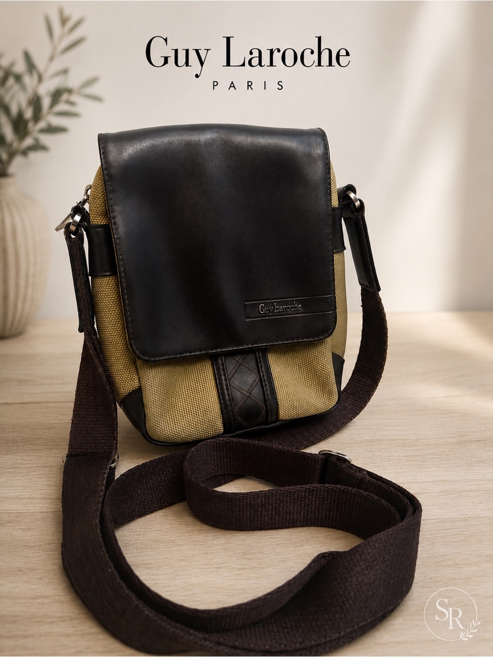 VTG Guy Laroche Canvas & Leather Crossbody Messenger Bag Adjustable Strap